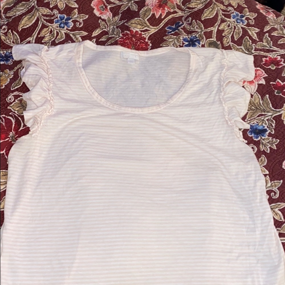 Ruffled cap sleeve pink and whit stripe t-shirt